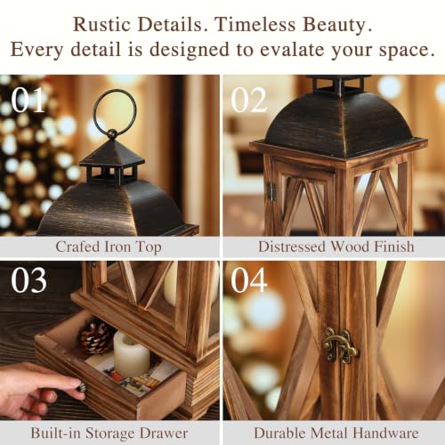 Rustic Wooden Candle Lanterns Set of 2 - Farmhouse Indoor & Outdoor Decor