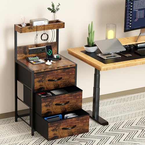 Rustic Brown LED Nightstand with Charging Station, 3 Fabric Drawers - 2 Tier