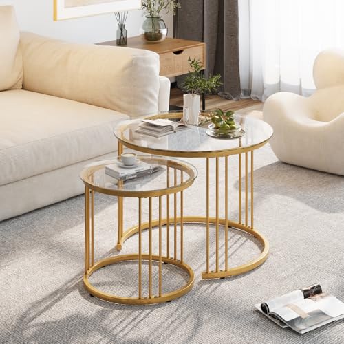 Garden 4 You Gold Glass Nesting Coffee Tables Set of 2 - Space-Saving Round Side Tables for Living Room & Bedroom