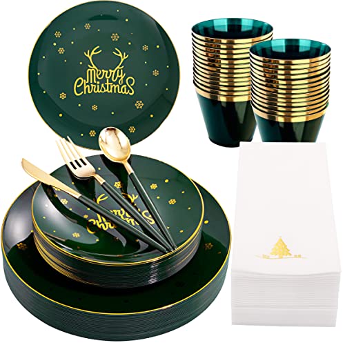 Nervure Green & Gold Christmas Plates Set with Silverware (175-Piece) 25 Guests