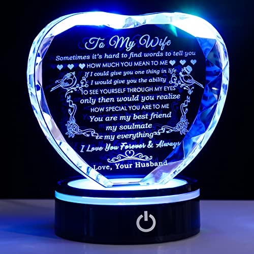 Personalized Crystal Heart Gift for Wife - Love Quote Keepsake with LED Light - Wedding Anniversary & Birthday Gift - Wife Gifts Variation of Wife Gifts