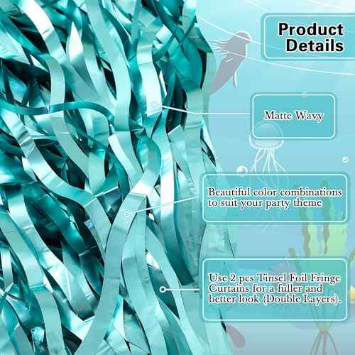 2 Pack Shiny Wavy Tinsel Foil Fringe Table Skirts Table Decorations for Mermaid Birthday Decorations, Summer Beach Theme, Ocean Tropical Shark Luau Birthday Party Decor (Teal Blue)