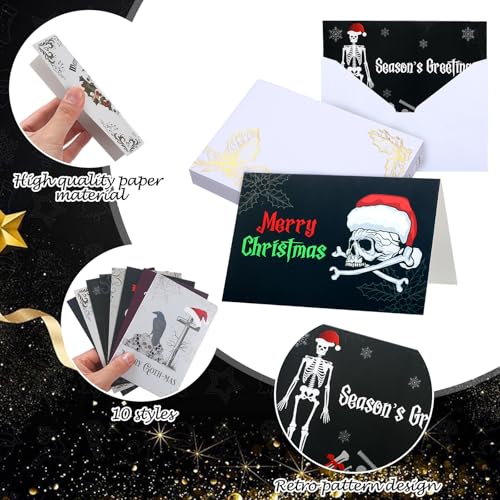 Gothic Christmas Cards Set with Envelopes & Stickers - Spooky Skeleton Theme, 36 Pack