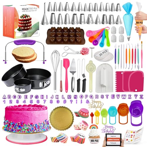 RFAQK 700-Piece Cake Decorating Kit with Pans, Turntable, Tips, Fondant Tools & More