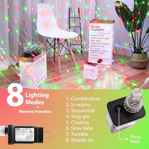 LYHOPE 12ft x 5ft 360 LED Christmas Net Lights - Red & Green, 8 Modes, 30V Low Voltage, IP44 Waterproof