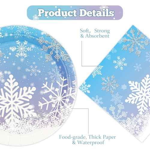 50PCS Frozen Plates and Napkins Party Decorations, 7inch Frozen Paper Dessert Plates and Napkins Disposable Winter Snowflake Tableware Sets for Christmas Winter Wonderland Party Supplies Table Decor