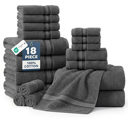 Space Grey 18-Piece Cotton Bath Towel Set - Soft & Absorbent, Complete Bathroom Linen