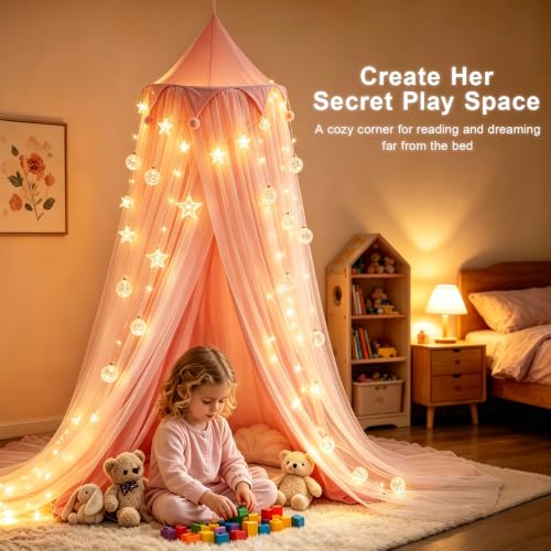 Twyvoka Princess Bed Canopy for Girls with Star Lights, Blush, 25.6"W x 106"L, Twin & Full Bed Size