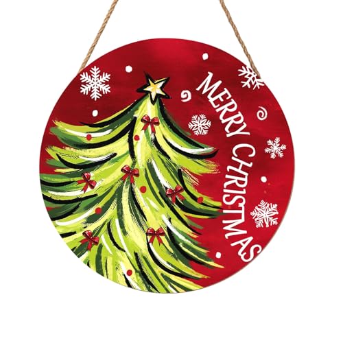 Merry Christmas Door Sign,Christmas Tree Decorations Wooden Holiday Hanging Sign for Front Door,Winter Red Christma Decorations for Home Garden Christm New Year 12"x12"