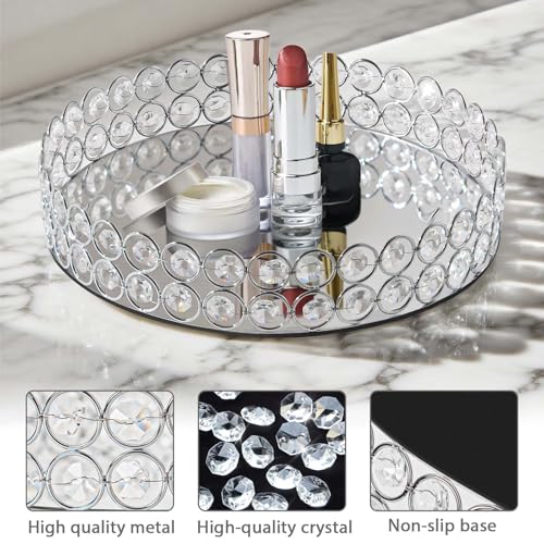 2 Pcs Silver 10" Round Metal Mirror Crystal Tray – Vanity for Makeup,