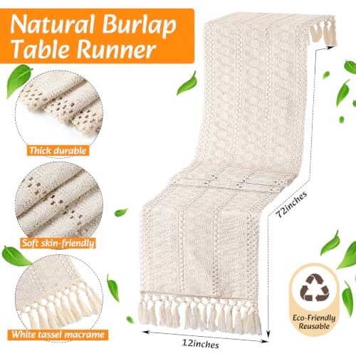 Gandeer 4 Sets Boho Table Runner & Placemats Set, White 12x72" - 4 Rectangular & 4 Round Placemats