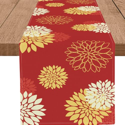 WHOMEAF Red Yellow Dahlia Burlap Table Runner 13 x 48 Inch - Christmas Decor