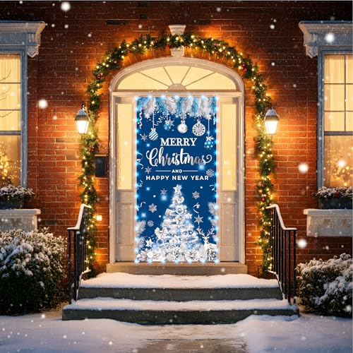 Lighted Christmas Door Cover - Blue Silver Tree Banner for Holiday Decor