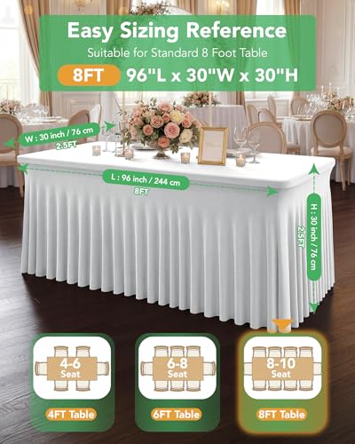 KeyWave 8 ft White Spandex Table Cover Skirt 4 Pack - Floor-Length Ruffle, Rectangle