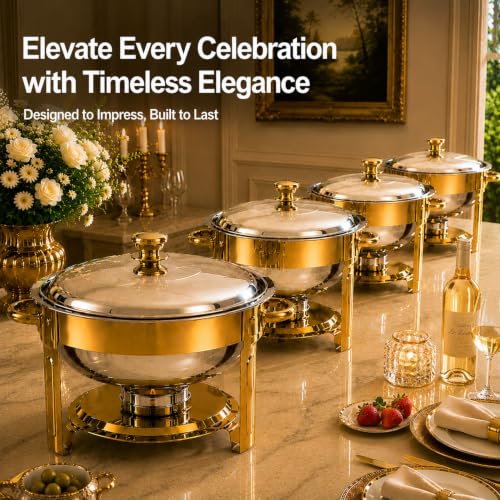 Buffet Chafing Dishes Set - 4 Pack 6QT Stainless Steel with Gold Finish