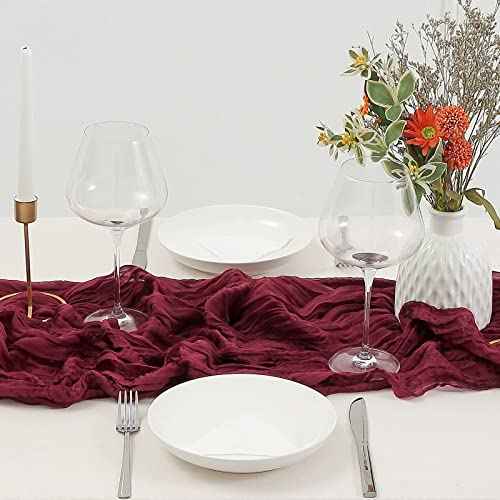 DOLOPL Christmas Table Runner, Burgundy Cheesecloth Table Runner for Christmas Decorations 10ft Cheese Cloth Table Runner Gauze Runner 120inch Long for Christmas Wedding Bridal Baby Shower Birthday
