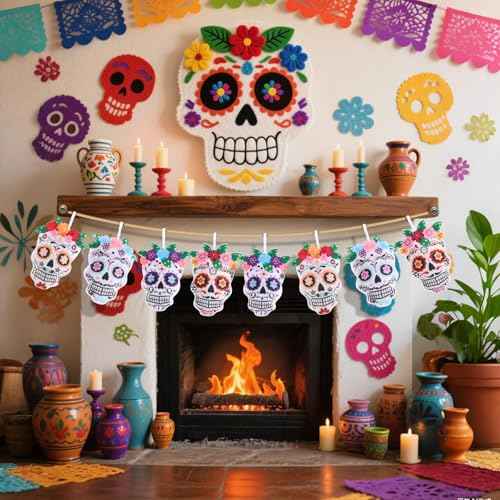 20 Pcs Day of The Dead Skull Hanging Ornaments Felt Dia De Los Muertos Sugar Halloween Tree Decoration Mexican Dia De Los Muertos Skeleton Pendent Decoration for Small Tree Christmas Xmas