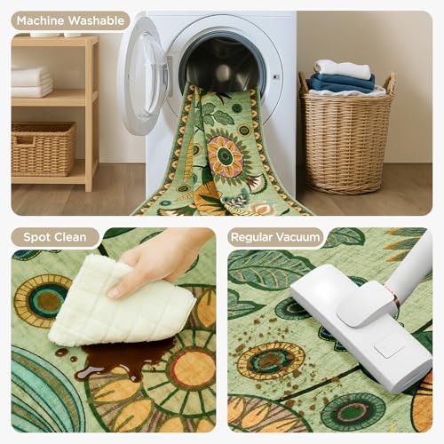 Joydeco 8x10 Sage Green Floral Boho Washable Area Rug for Living Room & Bedroom