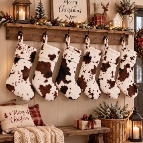 Amorita Cow Print Christmas Stocking Set 5 - White Cow Hide Pattern, 20in Farmhouse Decor