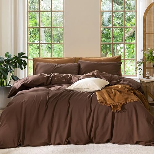 MooMee Duvet Cover Set Queen - 100% Washed Cotton Linen Look Cocoa Brown Variation