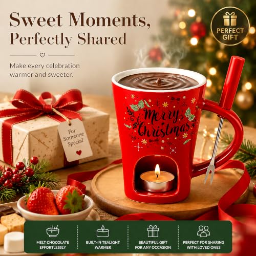Umcnoi Red Chocolate Fondue Mug Set - Ceramic Fondue Cup, Tea Light Warmer