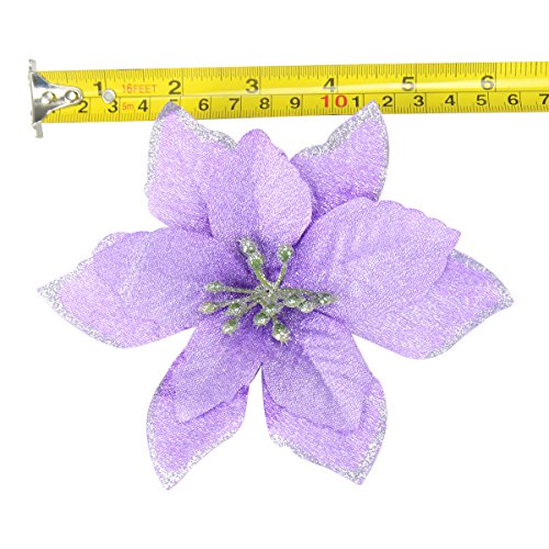 12Pcs 5 Inch Glitter Artificial Poinsettia Flowers with Ties for Wedding Christmas Festival Holiday Decor Xmas Wreath Garland Ornament Purple