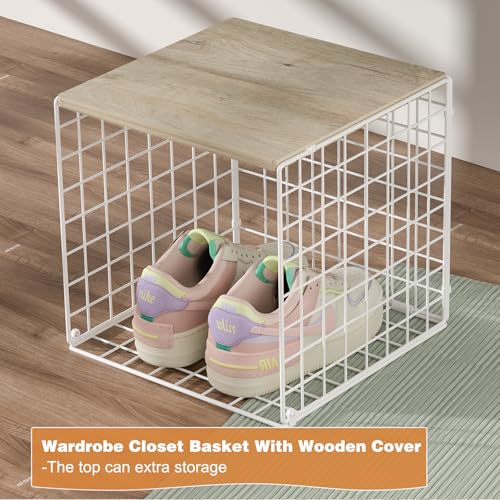 White Stackable Closet Organizers with Wood Top - 3 Pack