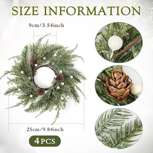 YLOLUL 4-Pack Farmhouse Christmas Wreath Candle Rings | 10" Wide Cedar & Pine Cone Mini Wreaths