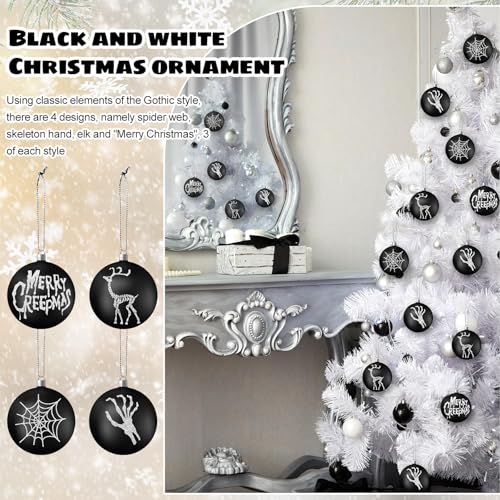 Syhood Gothic Christmas Ornaments Set - 12 Black & White 3.15” Halloween/Christmas Balls