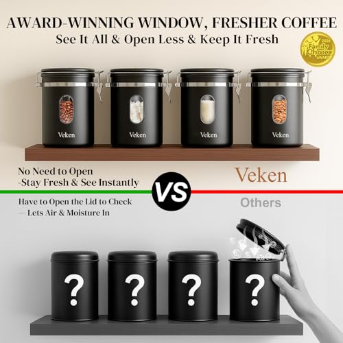 Veken Coffee Canister with Window - 39 oz Large Airtight Stainless Steel Jar - Black