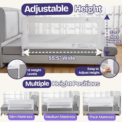 ComfyBumpy Gray Adjustable Bed Rail for Toddlers, Swing-Down Safety Guard, 55.5-inch, Sturdy Steel & Breathable Mesh, 1-Pack