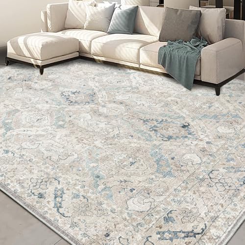 8x10 Indoor Area Rug - Vintage Retro Non-Slip Washable Chenille Home Carpet - Grey/Blue/Teal/Green/Tan - Lightweight, Low Pile, Perfect for Living Room & Bedroom (Warm Grey/Blue, Rectangular)