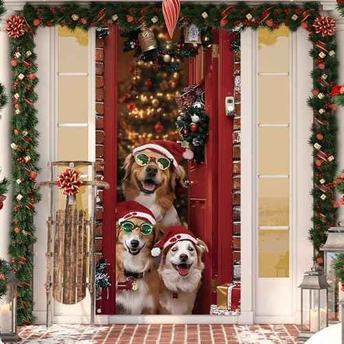 Christmas Door Cover Cute Santa Dogs Front Door Covers Decoration 71x36 Inch, Merry Christmas Banner for Holiday Parties, Winter Xmas Decor with Fabric, Festive Backdrop for Home & Office