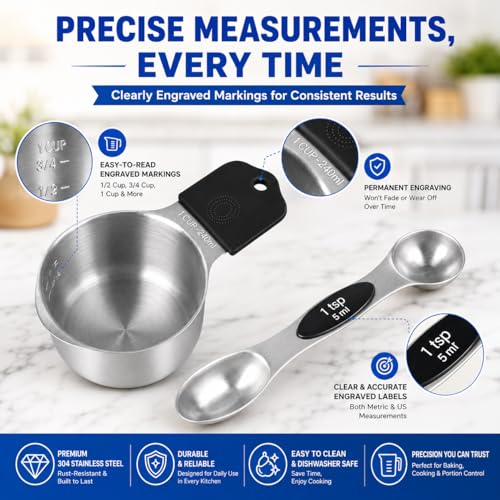 Black Magnetic Measuring Cups and Spoons Set - 15 pcs Stainless Steel Kitchen Utensils