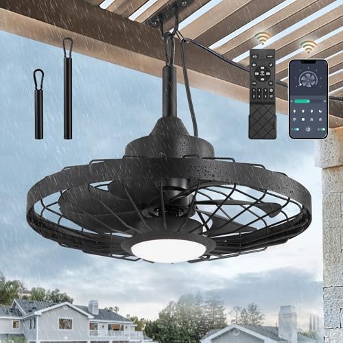 Outdoor 20-Inch Waterproof Ceiling Fan with Lights - Black, Remote, Dimmable LED