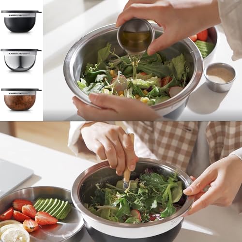 Kaiser Chef Wood Variation Stainless Steel 74oz Salad Bowl Kit with Lid & Accessories