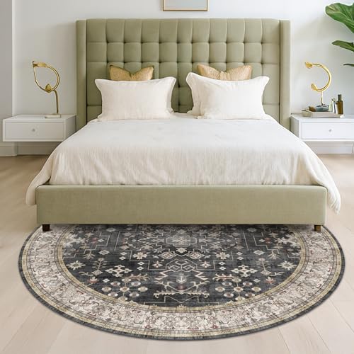 Ashen Round 7ft Boho Washable Area Rug - Non Slip Vintage Carpet for Living Room