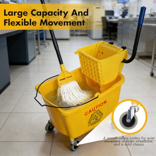 Commercial Mop Bucket Set with 2 Mop Heads & Caution Sign - 38 Quart