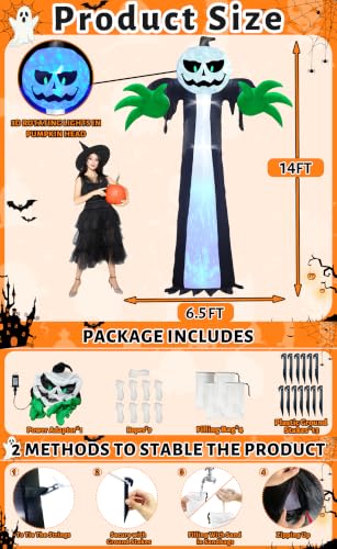14 Ft Halloween Inflatable Pumpkin Ghost Decoration with Rotating LED Light