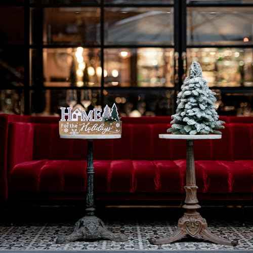 Wooden Christmas Sign Blocks, HOME for the Holiday Quote Table Decor, Xmas Centerpiece Block Sign with Snowflake & Pine Tree, Office Desk Mantle Decoration (BROWN)