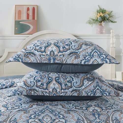 Paisley Blue-Gray Cotton Queen Size Quilt Set - Reversible Bedspread for All Seasons
