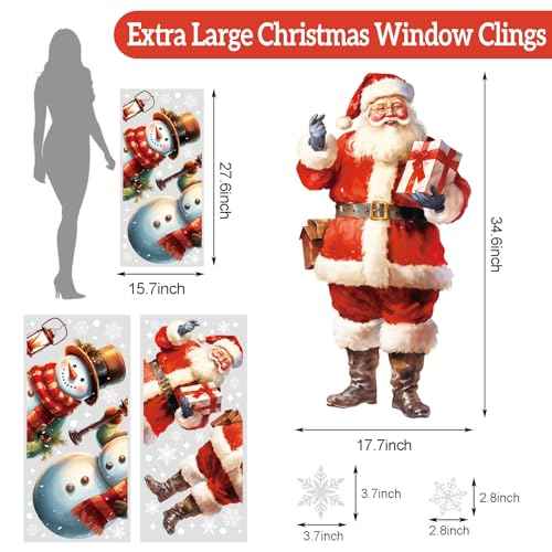 CCINEE Extra Large Christmas Window Clings, 2 Sheets Double-Sided Holiday Window Stickers Snowflakes Santa Claus Snowman Decals for Home Holiday Indoor Office School Decorations