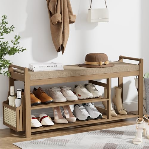 Homaxy 2-Tier Shoe Rack Bench 39.4 in Walnut & Light Brown Entryway Organizer