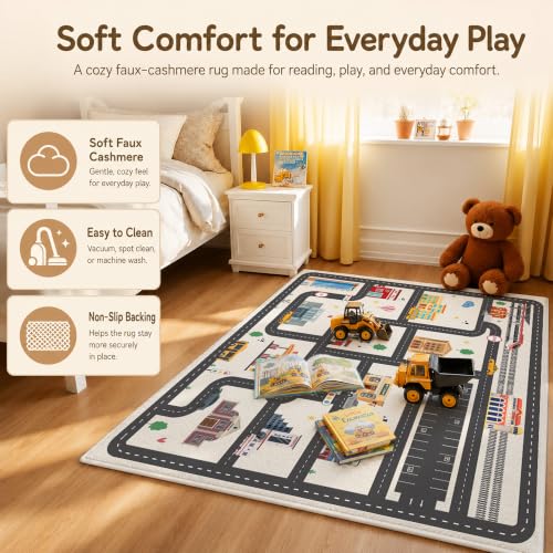 Nayoroom Kids Car Road Playroom Rug 4x6 ft Faux Wool City Map Non-Slip