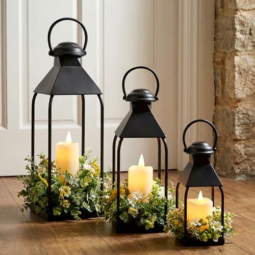 Round Top Black Metal Lanterns Set of 3 Outdoor Indoor Candle Holders - 20, 15.7, 12 Inches with Handle