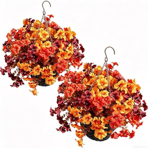 2 Pack Artificial Fall Hanging Flowers for Outdoor Decor - Petunias, UV Resistant