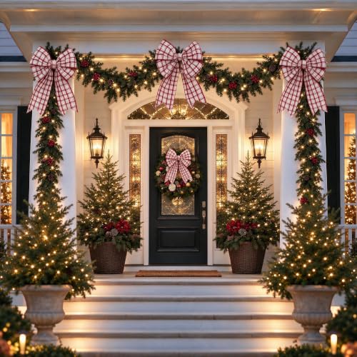VATIN Red White Gingham Wired Ribbon 4" x 10yd - Christmas Tree & Gift Ribbon - White & Dark Red