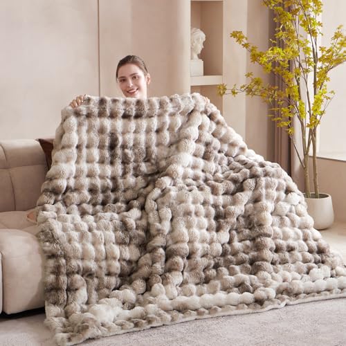 60x80 Inch Fuzzy Faux Fur Twin Blanket Bubble Tie Dye Brown - Ultra-Soft Cozy Throw