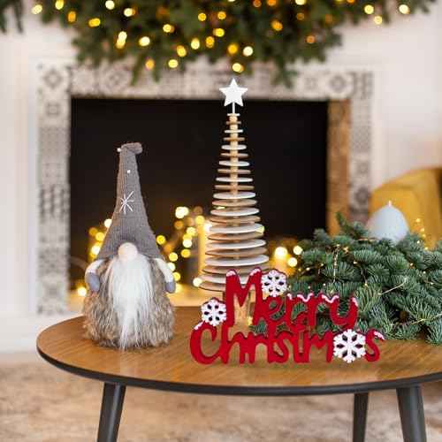 Merry Christmas Sign Wooden Tabletop Decoration, Freestanding Christmas Shelf Decor with 3D Snowflake, Red and White Xmas Decorations for Home, Mantle, Tiered Tray (Red)