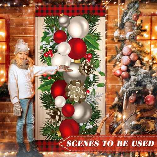 Buryeah Christmas Door Cover Christmas Ball Door Decorations Xmas Photography Background Banner Porch Sign for Front Outdoor Winter Holiday Farmhouse Party Supplies 70.9 x 35.4''
